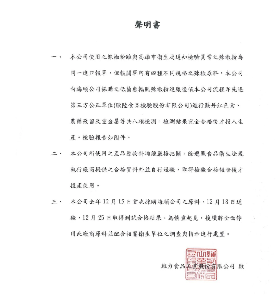 維力食品捲入蘇丹紅食安風波，今（3/5）發聲明強調自我檢驗「全部合格」。翻攝維力食品官網