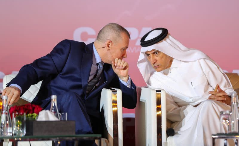 Qatar Airway's Chief Executive Officer, Akbar Al Baker and The chief executive of International Airlines Group (IAG) Willie Walsh attend Qatar aviation conference, in Doha