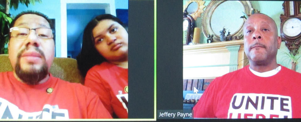 Mario Guzman, left, and his daughter Kimberly, and Jeffery Payne, right, participate in an online discussion in Atlantic City, N.J., Wednesday, July 8, 2020 of their situation as Atlantic City casino workers who were about to return to work last week, only to be told at the last moment that their restaurants and bars were not reopening due to coronavirus health restrictions. Their union estimates 4,000 workers were prevented from returning to work at the last minute. (AP Photo/Wayne Parry)