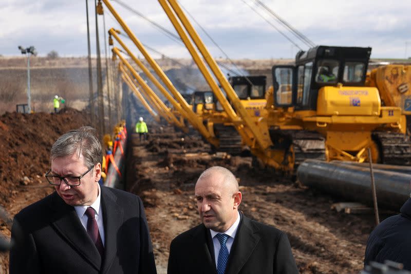 FILE PHOTO: Bulgarian President Radev and Serbian President Vucic attend the launch of the construction of an interconnector gas pipeline, near Golyanovtsi