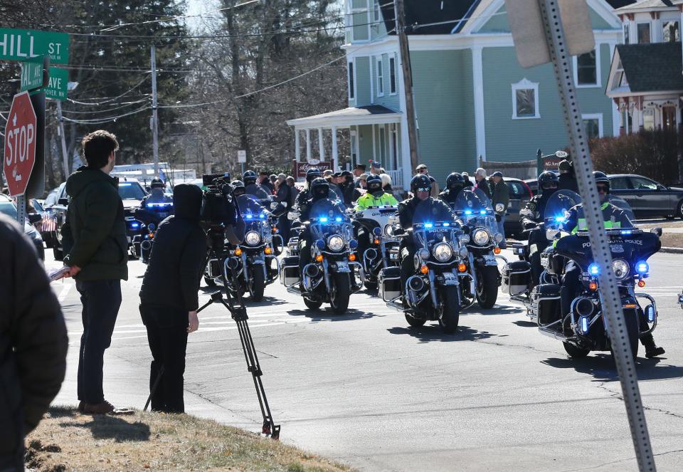 The body of late Marine Capt. Jack Casey arrived home in New Hampshire Tuesday and a procession travelled to Wiggin-Purdy-McCooey-Dion Funeral Home in Dover Tuesday, Feb. 20, 2024.
