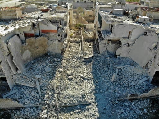 A building destroyed in a recent reported air strike on a residential district of Maaret al-Numan