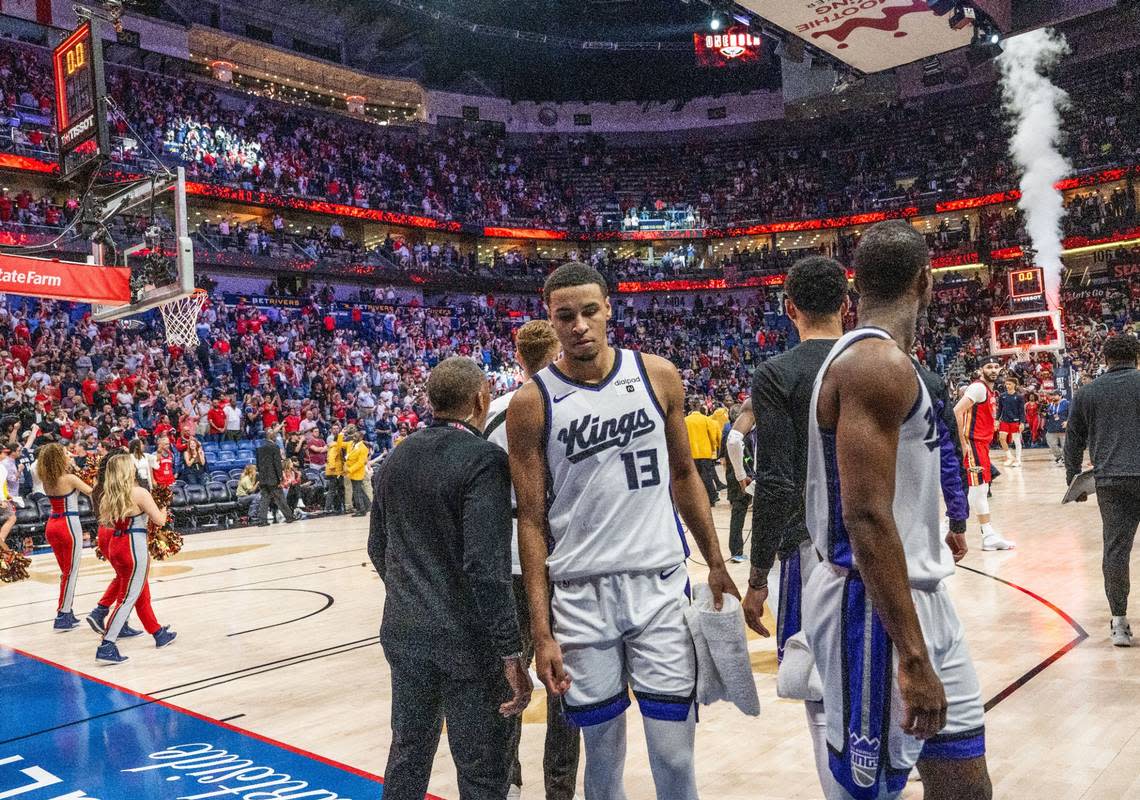 Sacramento Kings forward Keegan Murray (13) walks off the court after losing a game against the New Orleans Pelicans during an NBA play-in game at Smoothie King Center in New Orleans on Friday, April 19, 2024.