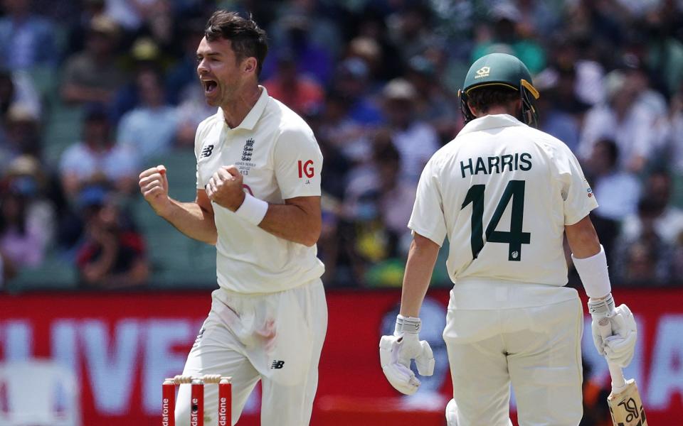 James Anderson celebrates after taking the wicket of Australia's Marcus Harris during day 2 of the Third Test - REUTERS