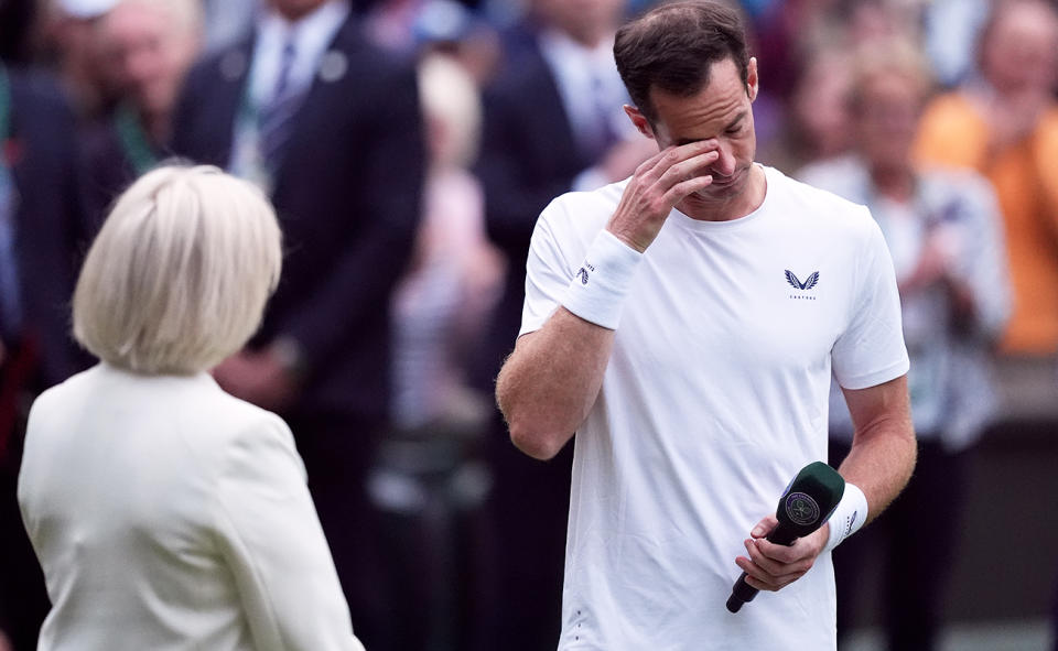 Andy Murray, pictured here in tears after losing in the doubles at Wimbledon.