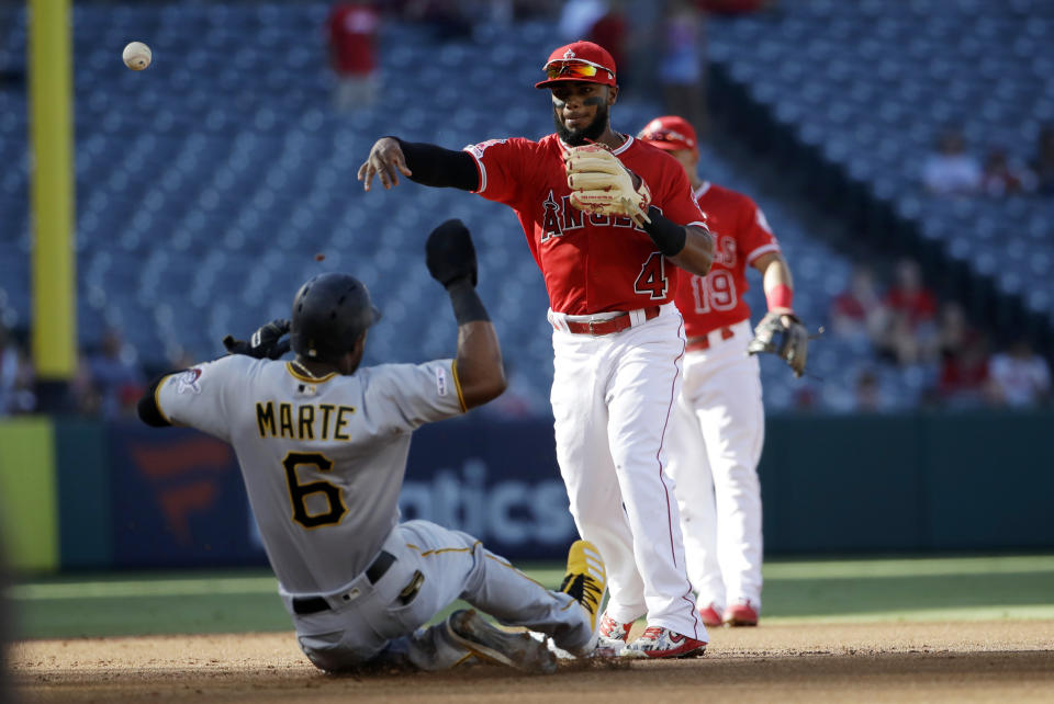 Los Angeles Angels second baseman Luis Rengifo completes a double play over Pittsburgh Pirates' Starling Marte after a ground ball by Josh Bell during the first inning of a baseball game Wednesday, Aug. 14, 2019, in Anaheim, Calif. (AP Photo/Marcio Jose Sanchez)