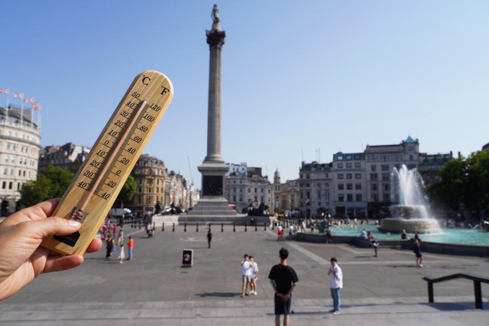 A thermometer is used to illustrate the temperature at Trafalgar Square in London on July 19.