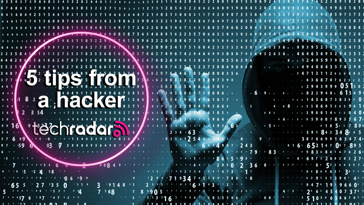  5 tips from a hacker written next to the photo of a hacker. 