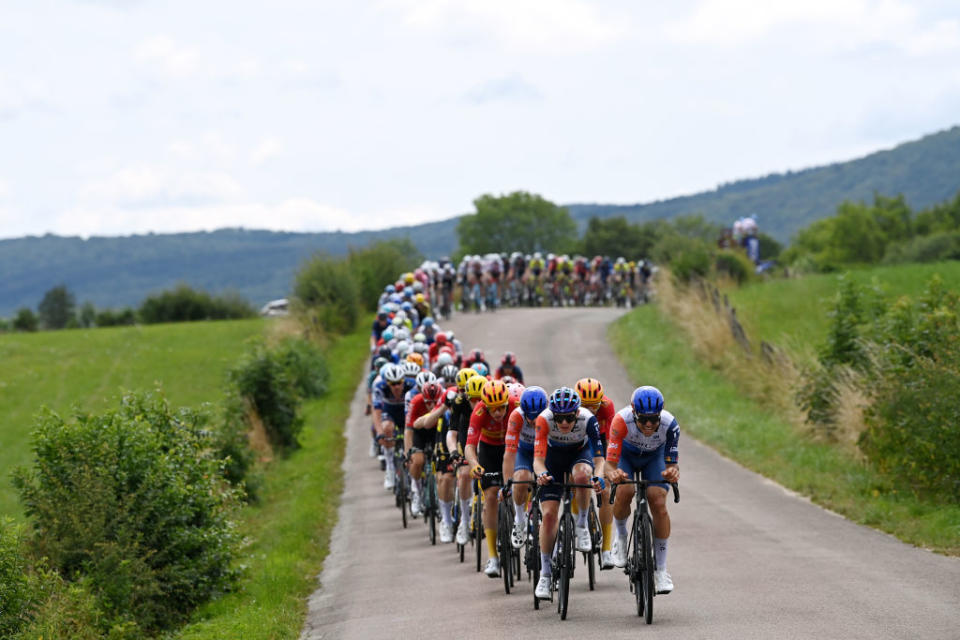 POLIGNY FRANCE  JULY 21 LR Simon Clarke of Australia Nick Schultz of Australia and Team Guillaume Boivin of Canada and Team IsraelPremier Tech lead the peloton during the stage nineteen of the 110th Tour de France 2023 a 1728km stage from MoiransenMontagne to Poligny  UCIWT  on July 21 2023 in Poligny France Photo by Tim de WaeleGetty Images