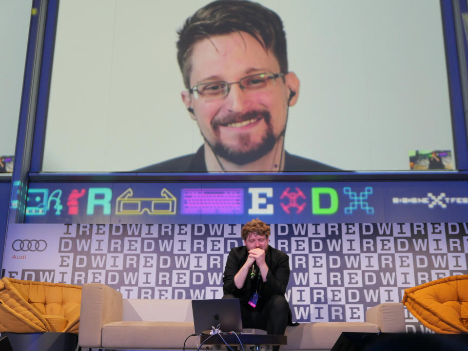 Snowden appears via connection from Russia during the Wired Next Fest 2019 in Milan, Italy. (Photo: Rosdiana Ciaravolo/Getty Images)