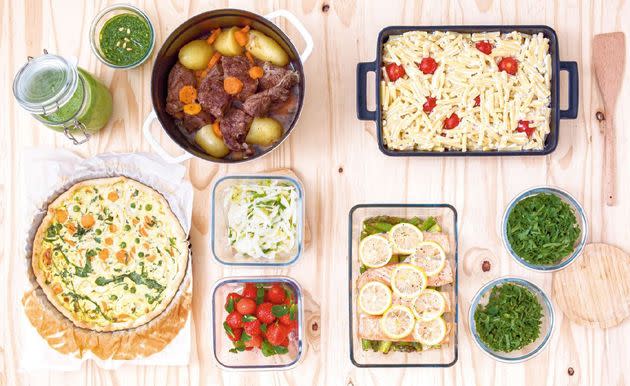 Les cinq plats de cette semaine printanière, une fois réalisés. (Photo: Photographies Frédéric Lucano, Hachette Cuisine)