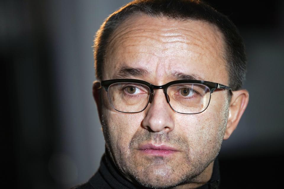 FILE - Russian film director and screenwriter Andrei Zvyagintsev speaks during an interview with The Associated Press in Moscow, Russia, Feb. 13, 2018. Zvyagintsev's "Leviathan" was released in 2015 in Russia. It received state funding, but was later slammed by the Culture Ministry as "anti-Russian" for its critical depiction of Russian reality. (AP Photo/Alexander Zemlianichenko, File)