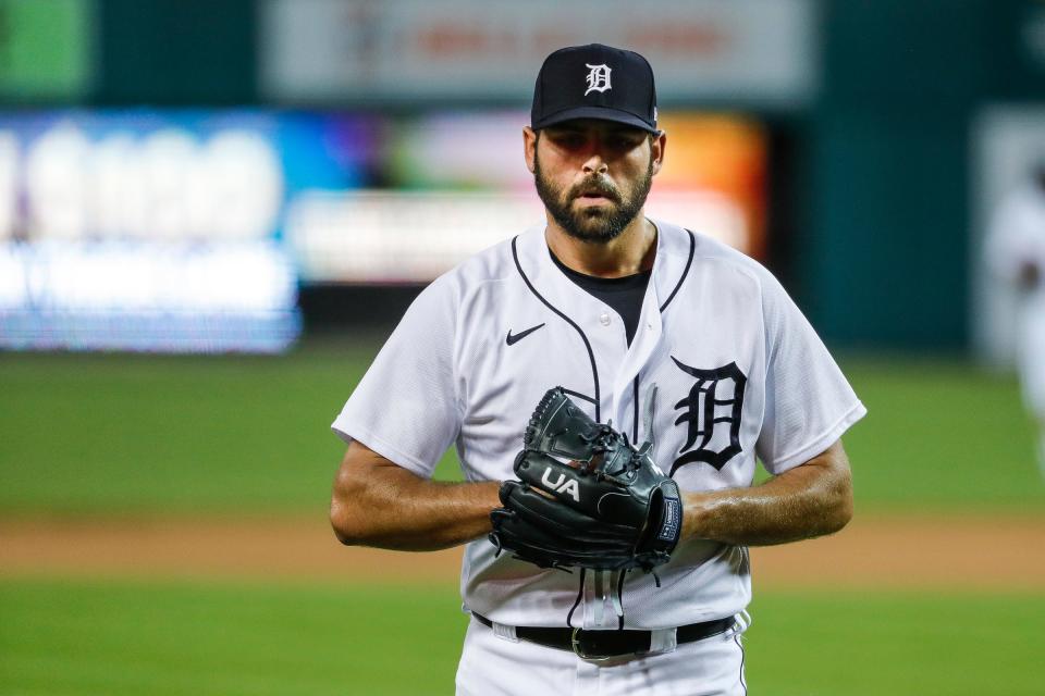 Detroit Tigers pitcher Michael Fulmer (32) walks off the field after pitching against Cleveland during the eighth inning at Comerica Park in Detroit on Wednesday, May 26, 2021.