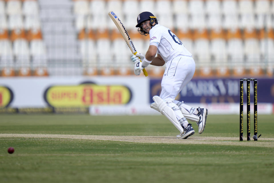 England's Joe Root plays a shot during the third day of the first test cricket match between Pakistan and England, in Multan, Pakistan, Wednesday, Oct. 9, 2024. (AP Photo/Anjum Naveed)