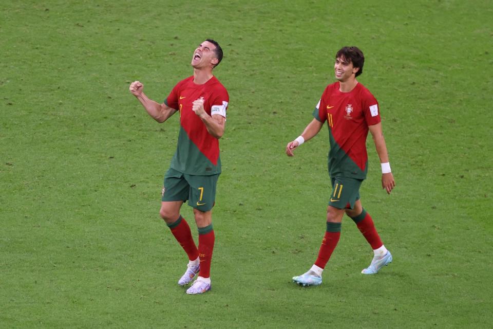 Cristiano Ronaldo of Portugal celebrates the team's first goal scored by Bruno Fernandes (Getty Images)