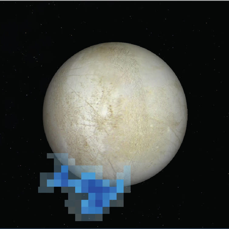 <span class="caption">The location of ionized oxygen and hydrogen (strongly pixellated) detected by the Hubble Space Telescope in December 2012, superimposed on a Galileo image of Europa. Until now, this was the only evidence of active plumes.</span> <span class="attribution"><span class="source">NASA/ESA/L. Roth/SWRI/University of Cologne</span></span>