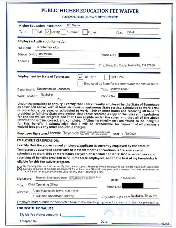 Twice during the first 6 months with the state, Tennessee Education Commissioner Lizzette Reynolds signed tuition waiver forms untruthfully certifying that she had worked for the state for 6 months or more, according to documents obtained through a records request by The Tennessean.