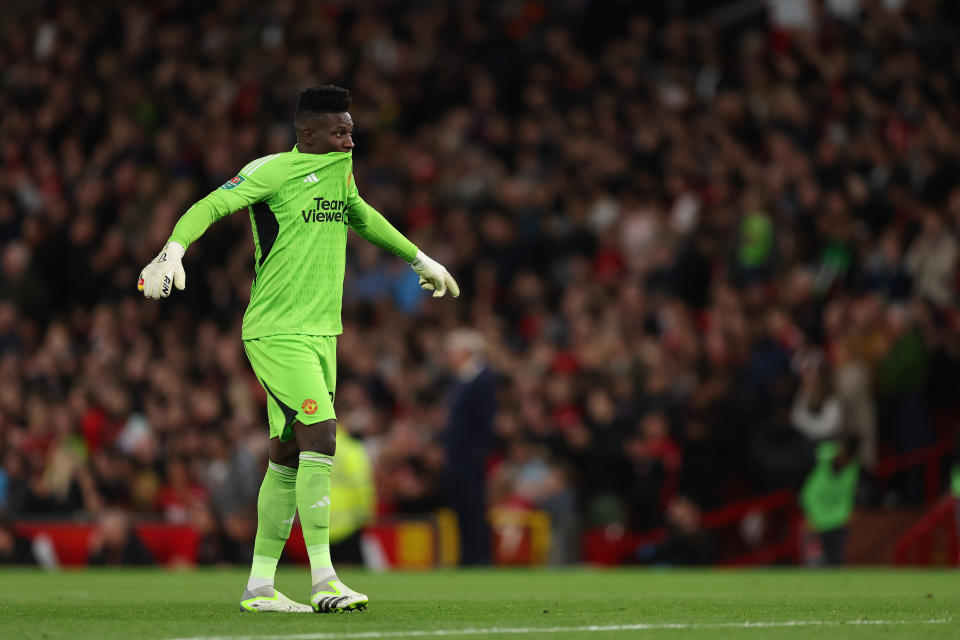 MANCHESTER, ENGLAND - SEPTEMBER 26:  Andre Onana of Manchester United  during the Carabao Cup Third Round match between Manchester United and Crystal Palace at Old Trafford on September 26, 2023 in Manchester, England. (Photo by Matthew Ashton - AMA/Getty Images)