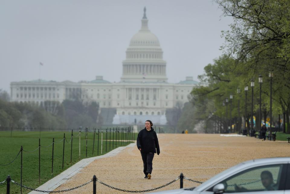 Nearly deserted walking paths of the National Mall with the U.S. Capitol seen in the background on March 23, 2020, as officials urge the public to avoid the DC's famous cherry blossoms and are taking steps of closing down public streets to traffic in order to keep visitors away and prevent possible coronavirus spread.