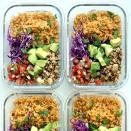 <p>These meal-prep vegan burrito bowls are healthier and more flavorful than takeout. Make them early in the week for grab-and-go meals when days are busy. We use frozen cauliflower rice, a low-carb substitute for white or brown rice, to cut down on prep time. <a href="https://www.eatingwell.com/recipe/269843/vegan-burrito-bowls-with-cauliflower-rice/" rel="nofollow noopener" target="_blank" data-ylk="slk:View Recipe;elm:context_link;itc:0;sec:content-canvas" class="link ">View Recipe</a></p>