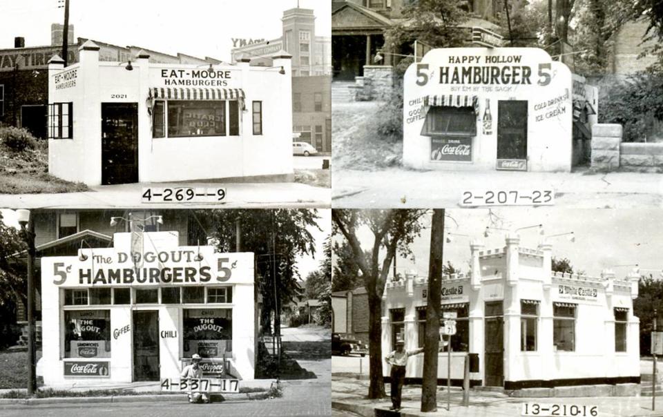 Clockwise from top left: Eat-Moore (2021 Broadway), Happy Hollow (2410 Independence Blvd.), White Castle (6423 Troost), and The Dugout (810 E. 31 St.) in 1940.