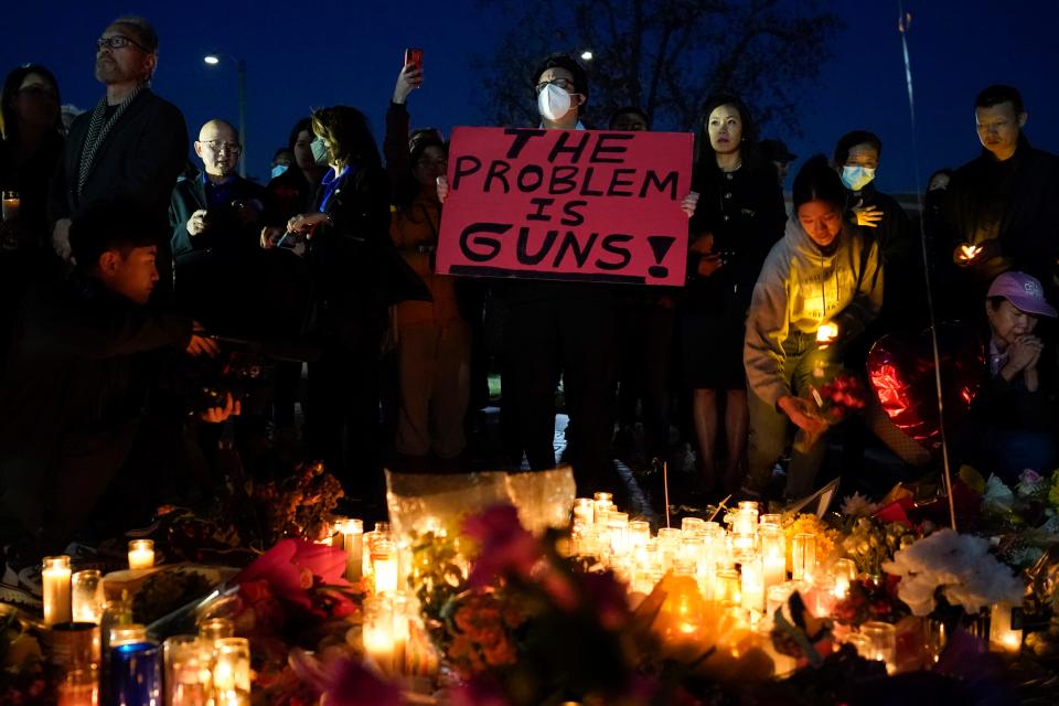 A vigil on Jan. 24, 2023, in Monterey Park, Calif., after a mass shooting at Star Ballroom Dance Studio on Lunar New Year's Eve.