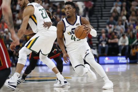 Dec 12, 2018; Salt Lake City, UT, USA; Utah Jazz guard Donovan Mitchell (45) drives to the hoop against the Miami Heat at Vivint Smart Home Arena. Mandatory Credit: Jeff Swinger-USA TODAY Sports