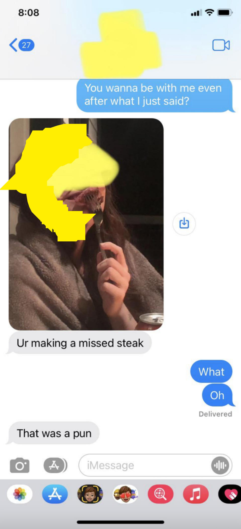 A person sends a picture of them eating steak and saying "you're making a missed steak," and the other person is confused