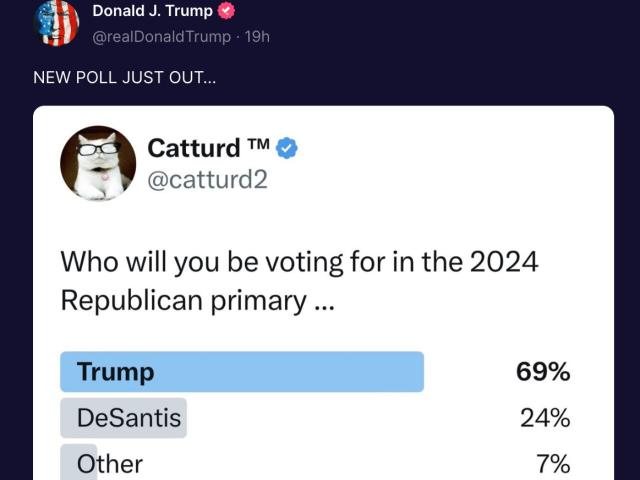 Donald Trump celebrating a poll by Twitter user ‘Catturd’ showing him winning a poll considering presidential preference against Florida Governor Ron DeSantis (screengrab/Truth Social/Donald Trump)