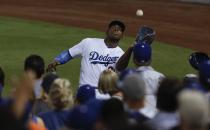 <p>Los Angeles Dodgers right fielder Yasiel Puig catches a fly ball hit by Houston Astros’ Jose Altuve during the fifth inning of Game 2 of baseball’s World Series Wednesday, Oct. 25, 2017, in Los Angeles. (AP Photo/Alex Gallardo) </p>