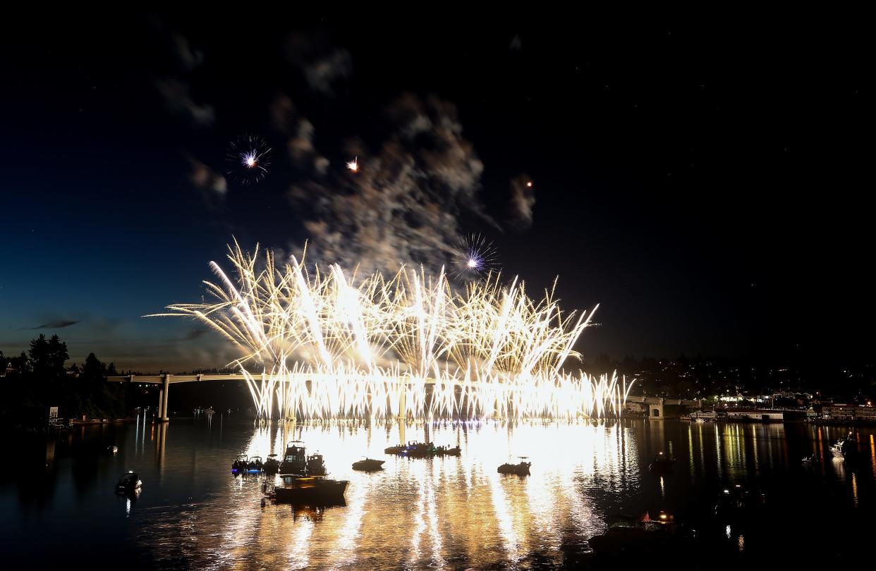 Fireworks light up the sky over the Manette Bridge during the Bremerton Bridge Blast on Saturday, June 25, 2022.