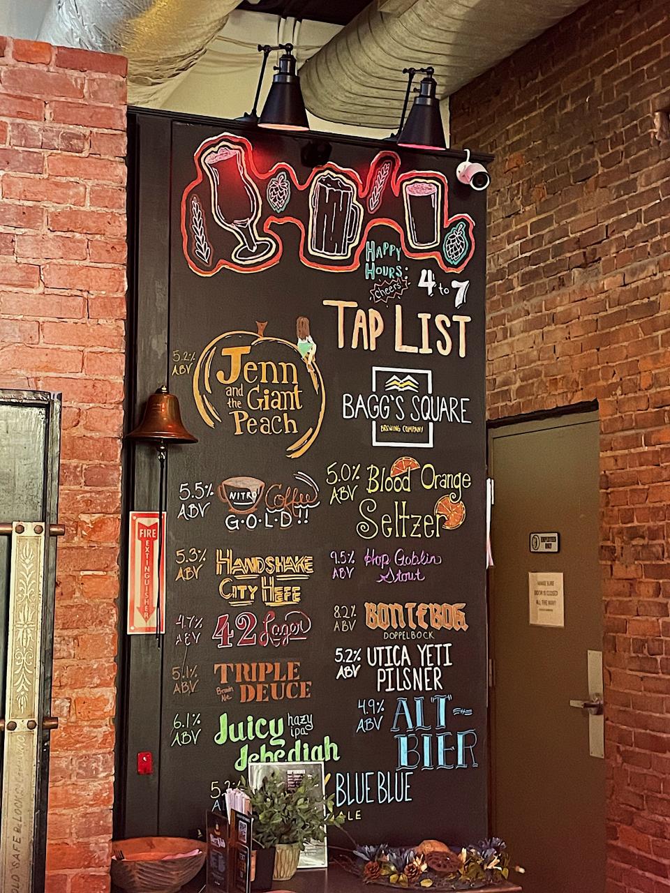 A list of Bagg's Square Brewing Company's craft beers on tap.