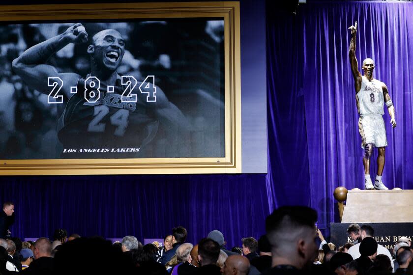 LOS ANGELES, CA - FEBRUARY 08: The Los Angeles Lakers unveil a statue honoring the late Kobe Bryant at the Star Plaza outside of Crypto.com Arena in Los Angeles Thursday, Feb. 8, 2024. (Gina Ferazzi / Los Angeles Times)