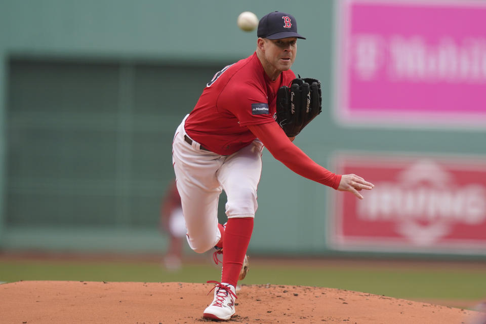 Boston Red Sox's Corey Kluber delivers a pitch to a Pittsburgh Pirates batter in the first inning of a baseball game, Wednesday, April 5, 2023, in Boston. (AP Photo/Steven Senne)