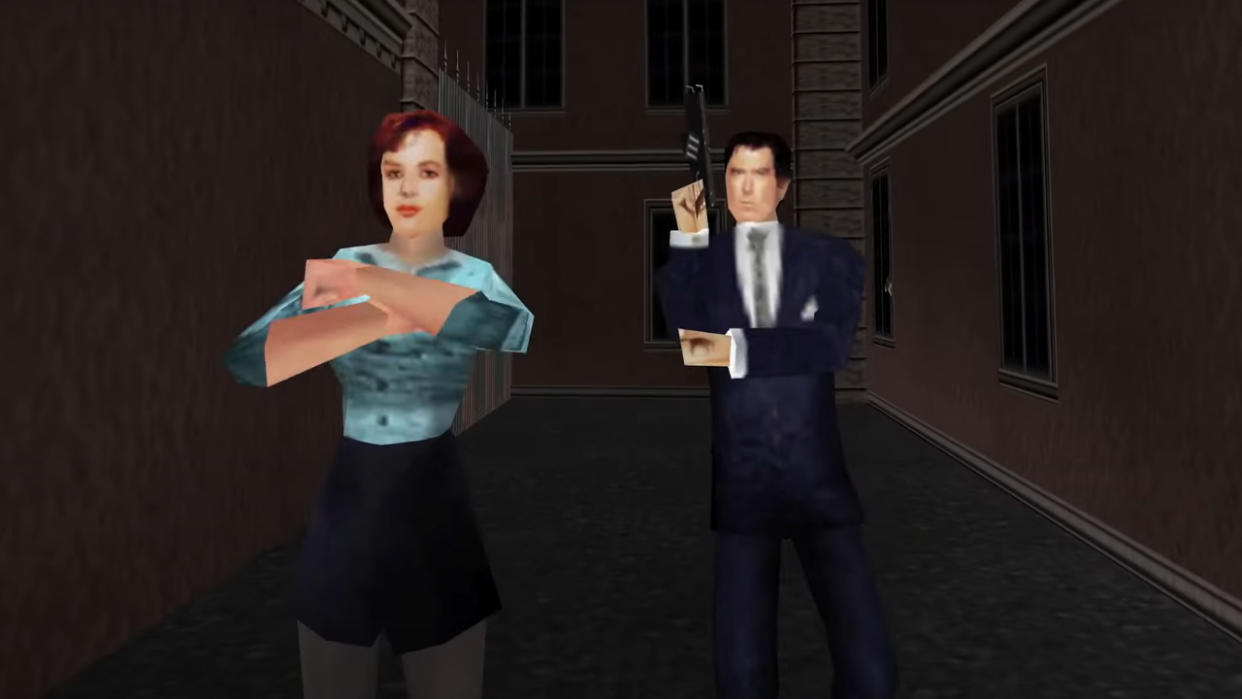  Natalya and James Bond standing in an alleyway in Goldeneye 007. 