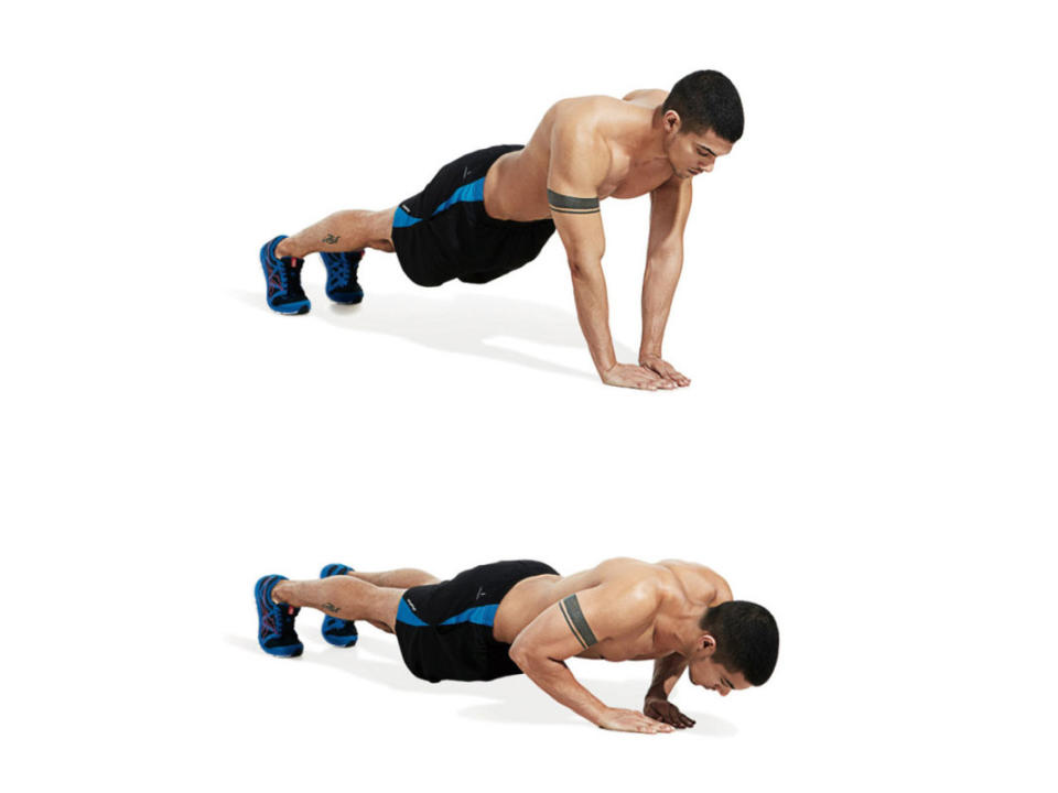 How to do it:<p><strong>1A. Pushup<br>1B. Prone Back Extension</strong><br>3 sets, 12 reps each, 90 seconds rest</p><p><strong>2A. Plank<br>2B. Prone Pressup*</strong><br>3 sets, 10 reps (60 second plank), 90 seconds rest</p><p><strong>3. Staggered Romanian Deadlift</strong><br>3 sets, 6 reps/side, 60 seconds rest</p><p>*Lie facedown on the ground, positioning your hands as you would a pushup. Push yourself up, but leave your hips and legs on the ground. Hold for one second then return to the start position.</p>