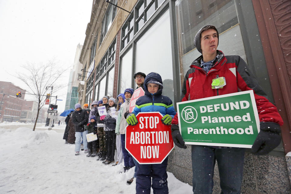 Children protest in the snow outside of Planned Parenthood's Portland, Maine clinic last Februrary.&nbsp;&nbsp;