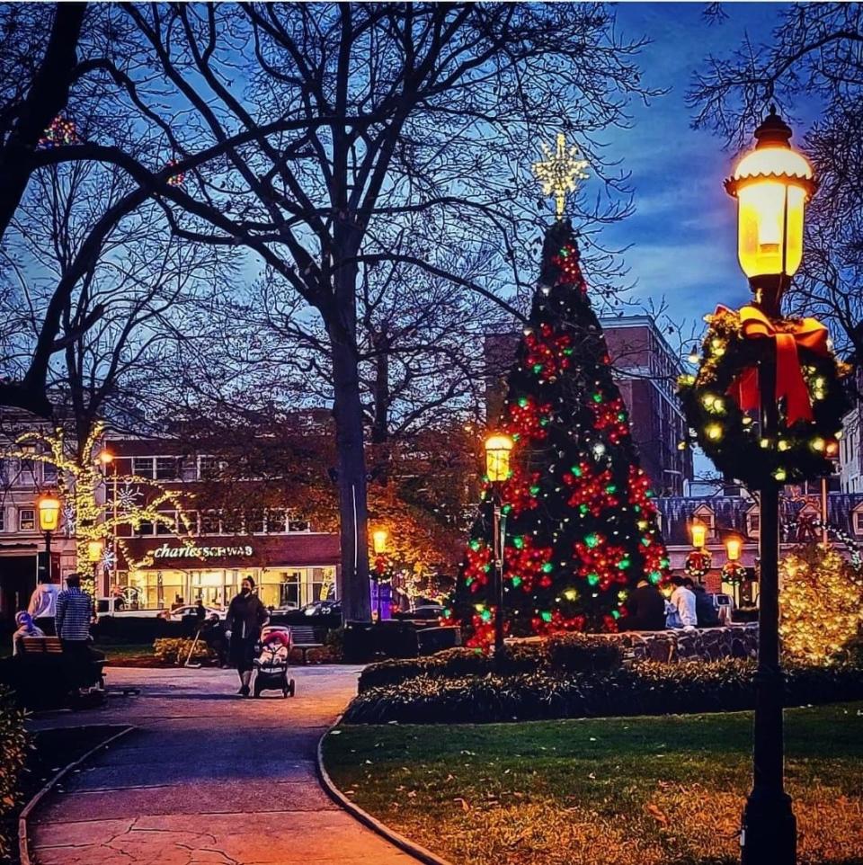 The tree and holiday lights at the Morristown Green.