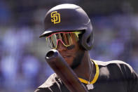 San Diego Padres' Jurickson Profar gets ready to bat during the first inning of the team's baseball game against the Los Angeles Dodgers on Saturday, July 2, 2022, in Los Angeles. (AP Photo/Mark J. Terrill)