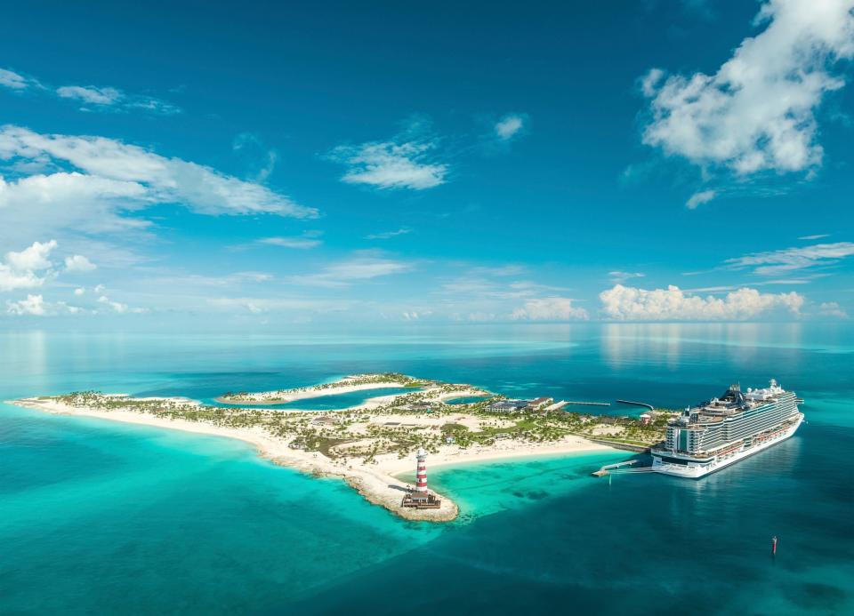 An aerial view of MSC Cruises' Ocean Cay private island and the surrounding ocean.