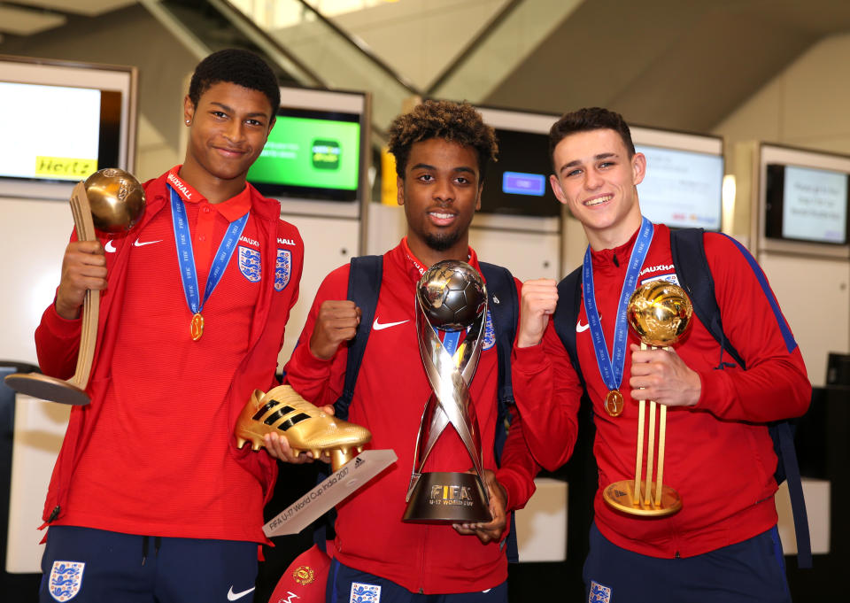 Rhian Brewster, Joel Latibeaudiere and Phil Foden with their World Cup swag