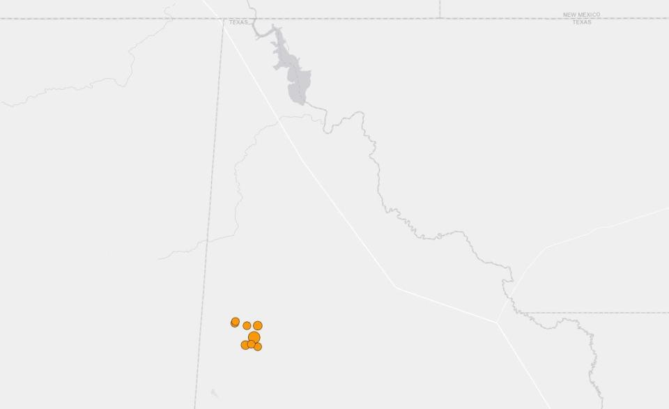 A cluster of earthquakes reported Nov. 8, 2023 near the Texas-New Mexico border by the U.S. Geological Survey.