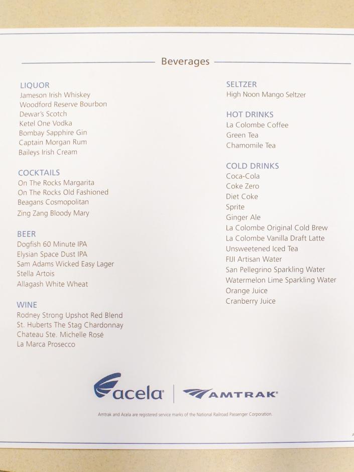 A beverage menu on an Amtrak Acela First class car