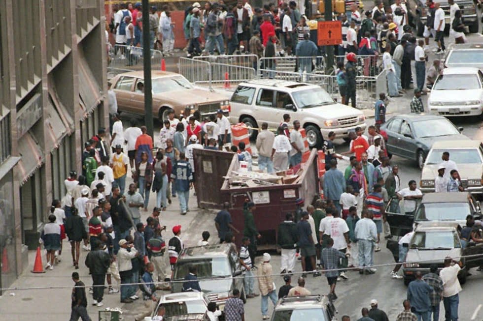 Crowds of people jam Marietta Street for Freaknik near the intersection of Peachtree Street in Atlanta on April 19, 1996. (Philip McCollum/Atlanta Journal-Constitution via AP, File)