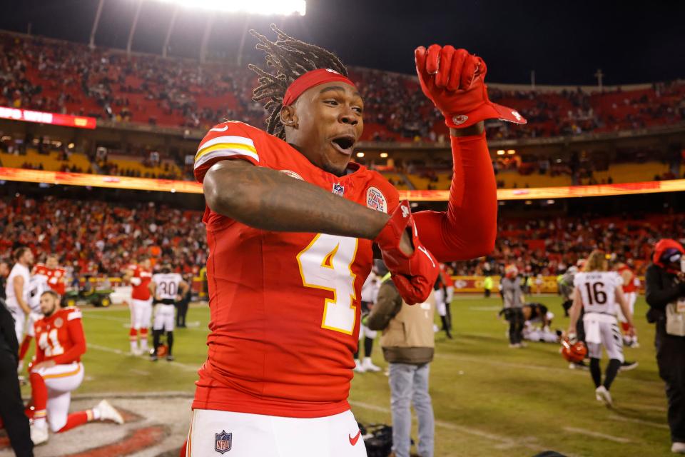 Rashee Rice #4 of the Kansas City Chiefs celebrates after the game against the Cincinnati Bengals at GEHA Field at Arrowhead Stadium on December 31, 2023 in Kansas City, Missouri.