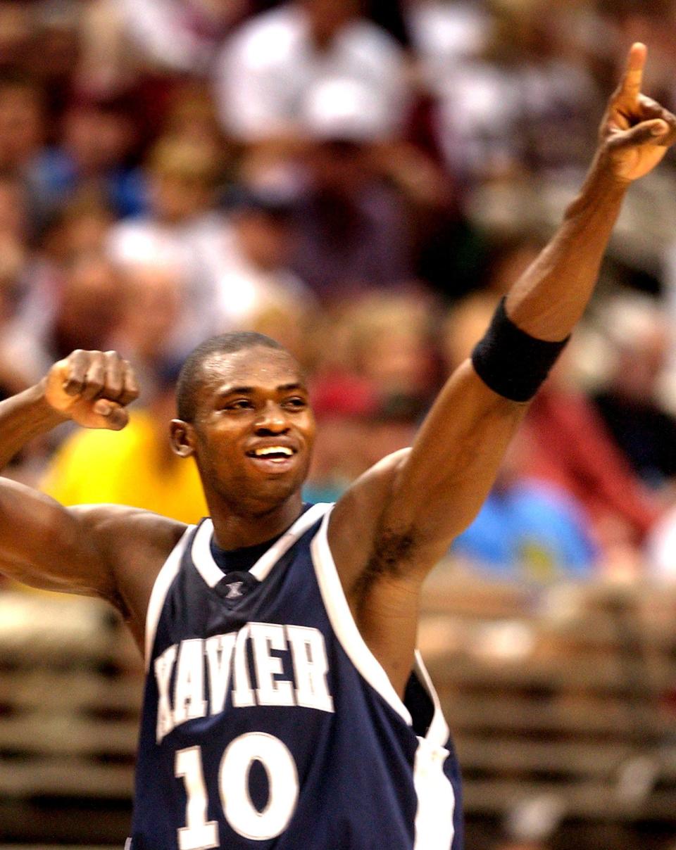 Romain Sato reacts as time out is called as Xavier was on their way to defeating Mississippi State 89-74 to earn a berth in the Sweet 16.