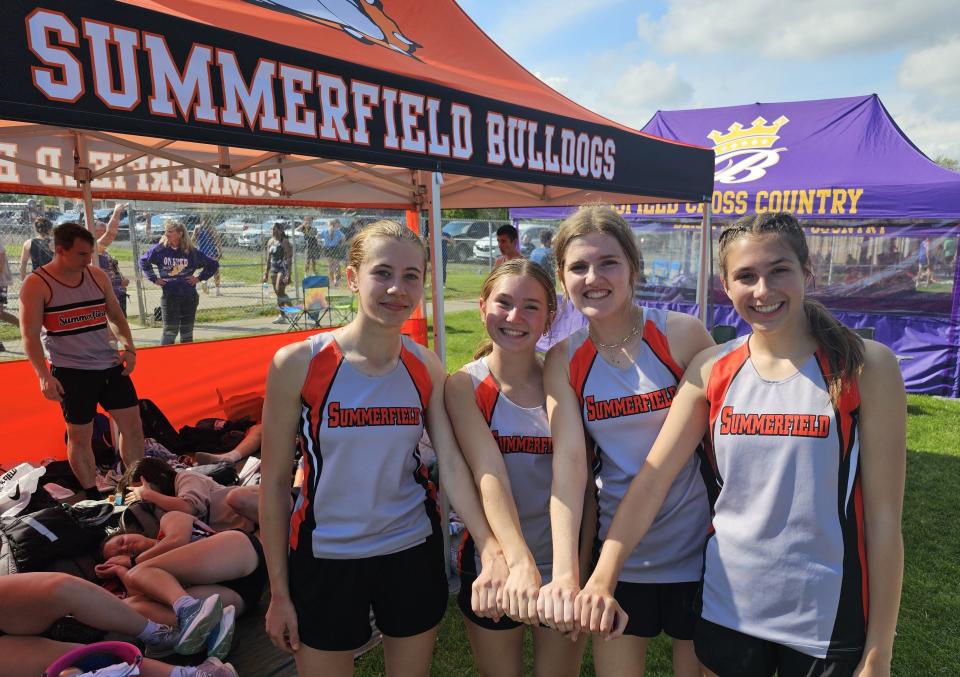 Summerfield's girls 3,200-meter relay of (left to right) Makenzie Wolfe, Sophie Stanger, Mia Miller, and Grace Raymond set a school record with a time of 10:48.18 to take third place at the Onsted Invitational Friday.