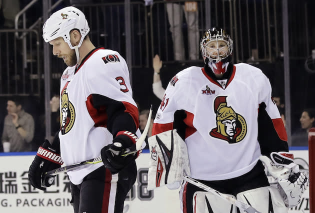 Ottawa Senators’ Marc Methot (3) and goalie Craig Anderson (41) react after New York Rangers’ Rick Nash scored a goal during the second period of Game 3 of an NHL hockey Stanley Cup second-round playoff series Tuesday, May 2, 2017, in New York. (AP Photo/Frank Franklin II)