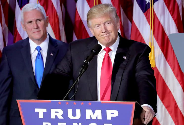 Presidential elect Donald J. Trump speaks on stage at his election night event Nov. 8. (Getty)