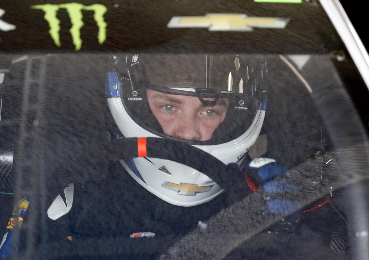 Alex Bowman prepares to go out on the track during a NASCAR auto racing practice session at Daytona International Speedway, Saturday, Feb. 10, 2018, in Daytona Beach, Fla. (AP Photo/Terry Renna)